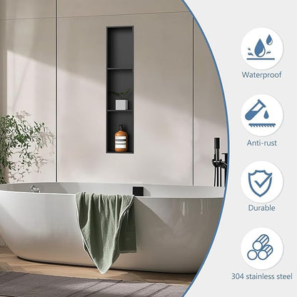 Homevacious 8" X 36" Stainless Steel Shower Niche No Tile Needed Matte Black 3 Tier Bathroom Shelf Rimless Recessed Wall Niche for Bathroom Storage