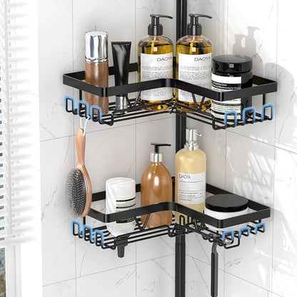Shower Caddy Tension Pole with Anti-Fog Shaving Mirror, Tension Rod Shower Caddy Corner for Bathroom Organizer, Black