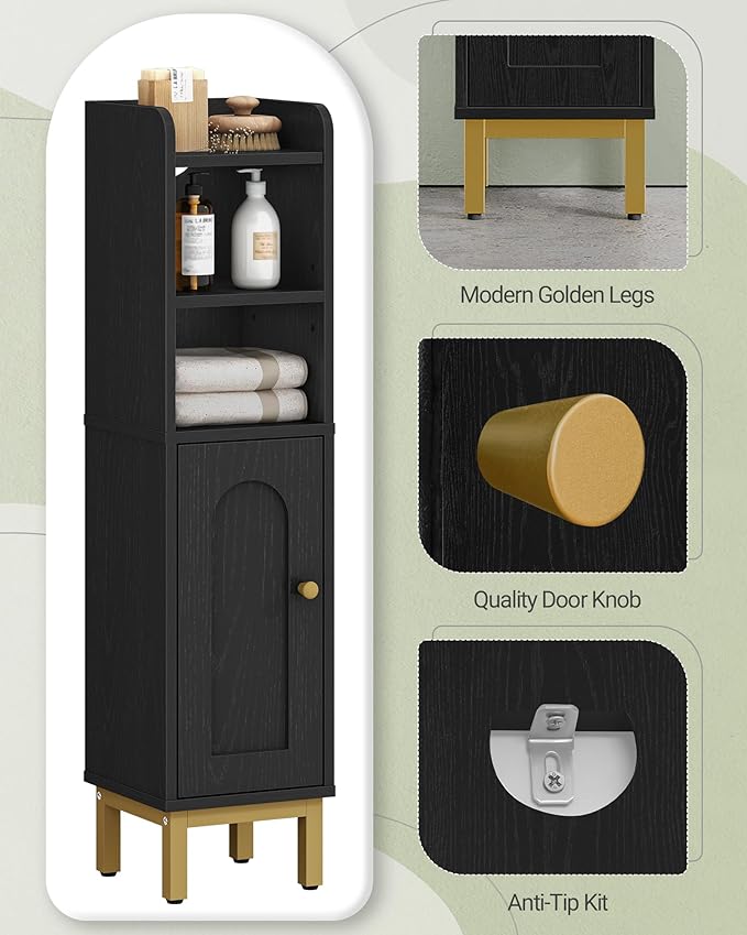 Bathroom Storage Cabinet, Small Corner Floor Cabinet with Door and Shelves, Narrow Toilet Paper Holder, Bathroom Organizer with Adjustable Shelf, for Small Spaces, Black BC08206X