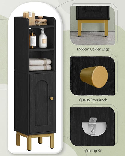 Bathroom Storage Cabinet, Small Corner Floor Cabinet with Door and Shelves, Narrow Toilet Paper Holder, Bathroom Organizer with Adjustable Shelf, for Small Spaces, Black BC08206X