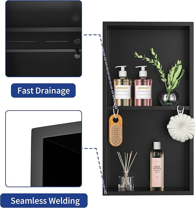 Stainless Steel Shower Niche w/Hooks, Wall Vertical Niche Without Tiling, Recessed Shower Shelf for Bathroom Storage, Over-Mount Installation (Black, 12'' x 24'')