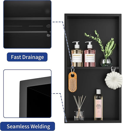 Stainless Steel Shower Niche w/Hooks, Wall Vertical Niche Without Tiling, Recessed Shower Shelf for Bathroom Storage, Over-Mount Installation (Black, 12'' x 24'')