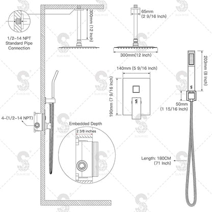 SR SUN RISE 12 Inch Ceiling Mount Brushed Nickel Shower System Bathroom Luxury Rain Mixer Shower Combo Set Ceiling Rainfall Shower Head System Faucet Trim Repair Kits with Rough-in Valve and Trim