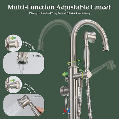 Free Standing Tub Faucet, Wintap Classic Freestanding Bathtub Faucet with Sprayer Brass Elegant Floor Mount Bath Faucets High Flow Roman Tub Filler, Brushed Nickel （WT-3311BN）