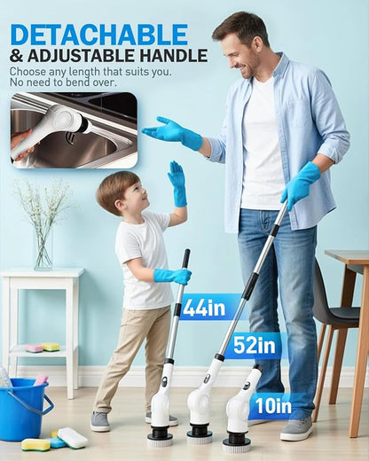 Electric Spin Scrubber, 3-Speed Cordless Shower Scrubber with 90° Adjustable & 10 Replaceable Brush Heads, 90 Mins Runtime & Full-Body IPX7 Waterproof Shower Cleaner Brush with Long Handle