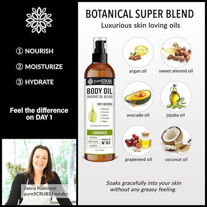 pureSCRUBS Ultra Moisturizing Lemongrass Body Oil Spray for Dry Skin, Massage, & More, Organic Super Blend of Jojoba, Argan, Coconut, Sweet Almond & Avocado Oils Enriched with Vitamin E, Lg 4oz