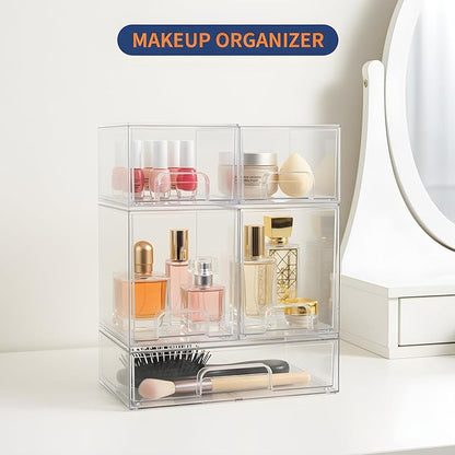 Stackable Storage Drawers Set of 5 Pack, Clear Bottles Organizer for Baby Bottle, Cosmetics, Acrylic Organizers and Storage for Bathroom,Vanity, Pantry, Cabinet, Kichen Countertop