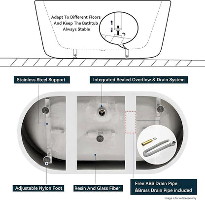 FerdY Shangri-La 55" Acrylic Freestanding Bathtub, Classic Oval Shape Soaking Bathtub with Toe-Tap Chrome Drain and Classic Slotted Overflow Included, Modern White, cUPC Certified
