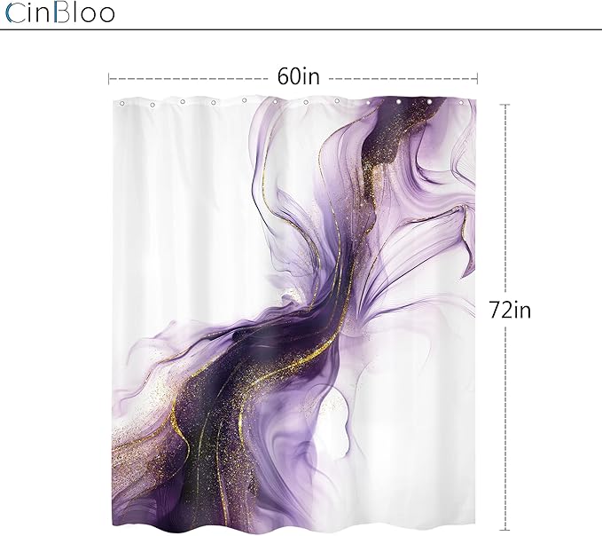 Cinbloo Purple Shower Curtain 60Wx72H Abstract Marble Ombre Gold Bathroom Decor for Women Modern Elegant Ink Texture Minimalist Chic Aesthetic Artistic Neutral Bath Curtain Fabric with 12 Hooks