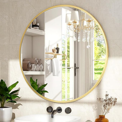 24 Inch Round Mirror - Circle Mirrors for Bathroom, Entryway and Living Room Wall Decor, Modern Hanging Vanity Mirror, Matte Gold Circle Decorative Wall Mirror