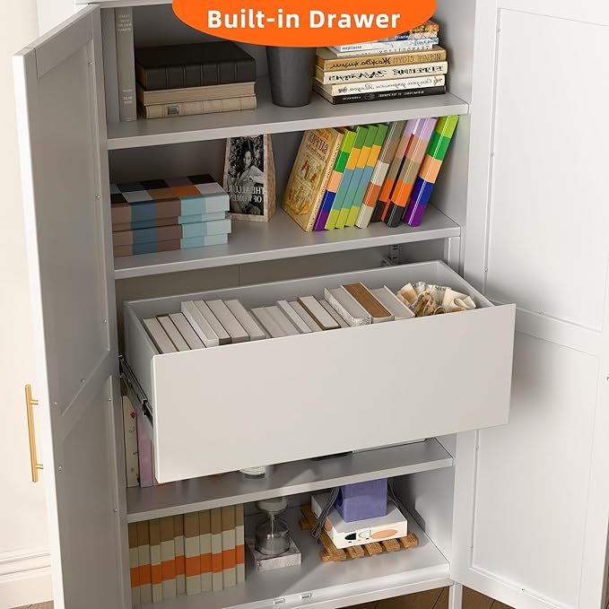 73'' Tall Metal Arched Cabinet, Modern Arch Bookcase Display Cabinet with Doors/Shelves/Internal Drawers for Home Office Kitchen Bar Living Room(White)