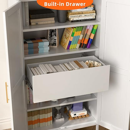 73'' Tall Metal Arched Cabinet, Modern Arch Bookcase Display Cabinet with Doors/Shelves/Internal Drawers for Home Office Kitchen Bar Living Room(White)