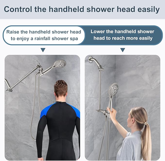 BRIGHT SHOWERS 15 Inch Extra Long Shower Head Extension Arm, Solid Brass Shower Arm Extender with Locking Screw for Rain and Handheld Showerhead, Height & Angle Adjustable, Brushed Nickel