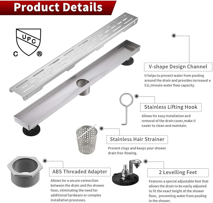 Sharp-tec Linear Shower Drain, 32 inch Shower Drain with Removable Pattern Cover, Brushed Nickel 304 Stainless Steel Rectangle Floor Drain, Adjustable Feet and Hair Strainer Included (Model 101)
