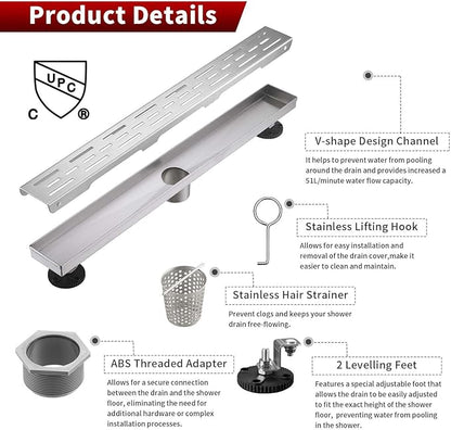 Sharp-tec Linear Shower Drain, 36 inch Shower Drain with Removable Pattern Cover, Brushed Nickel 304 Stainless Steel Rectangle Floor Drain, Adjustable Feet and Hair Strainer Included (Model 101)