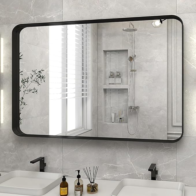 VooBang Bathroom Mirror 24x36 inch, Black Gorgeous Deep Frame Wall Mirror, Modern Round Corner Bathroom Vanity Mirror for Bedroom, Living Room, Hanging or Leaning Horizontal or Vertical, Black