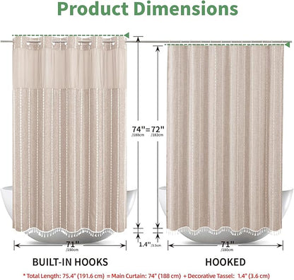 Boho Farmhouse No Hook Shower Curtain Set with Snap-in Fabric Liner,Heavy-Duty Linen Textured Rustic Striped Design,Water-Repellent with Tassels and Sheer Window,Tan/Taupe,71x74