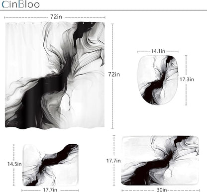 Cinbloo 4Pcs Black White Shower Curtain Set, Abstract Modern Ombre Grey Bathroom Curtain with Rug, Toilet Lid Cover, Bath Mat, Minimalist Marble Women Girls Ink Texture Shower Curtain with 12 Hooks