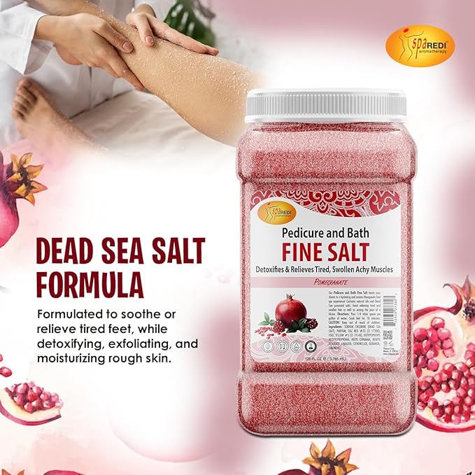 SPA REDI - Detox Foot Soak Pedicure and Bath Fine Salt, Pomegranate, 128 Oz - Made with Dead Sea Salts, Argan Oil, Coconut Oil, and Essential Oil - Hydrates, Softens and Moisturizes