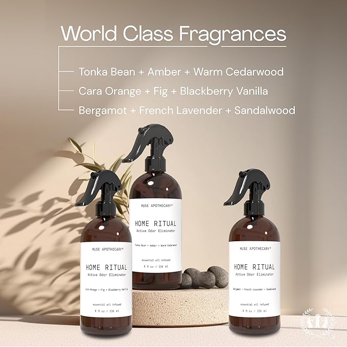 Muse Apothecary Home Ritual Active Odor Eliminator Spray - Furniture Deodorizer Spray & Bathroom Odor Eliminator for Home - Essential Oil Air Freshener - 4oz, Bergamot + French Lavender + Sandalwood