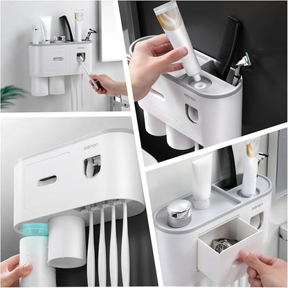 No-Drill Wall Mounted Toothbrush Holder, Bathroom Shelf, with Automatic Toothpaste Dispensers 4 Brush Hooks 2 Magnetic Cups 1 Cosmetic Drawer Organizer and Large Storage (1 Dispenser 2 Cups)