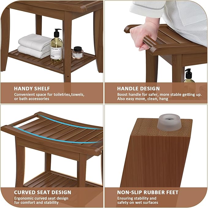 Bamboo Shower Stool Bench Waterproof with Storage Shelf for Shaving Legs or Spa Bath Seat in Bathroom & Inside Shower for Adults Seniors Elderly (24 x 13.4 x 18.5 inches+Walnut)