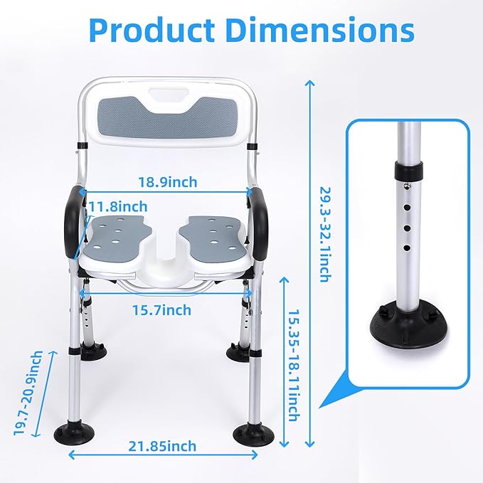 Shower Chair for Inside Shower,Foldable Shower Chair for Elderly and Disabled, Adjustable Height Chairs with Padded Arms and Back for Bathroom,Compact and Comfortable，Regular U-Shape