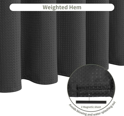 Inhousolu Fabric Shower Curtain Waffle Weave, 230 GSM Heavy Duty, Weighted Hem, 14 Metal Hooks, Water Repellent, Machine Washable, Hotel Spa Luxury Bath Curtain Set, 72 x 78 Inch, Black