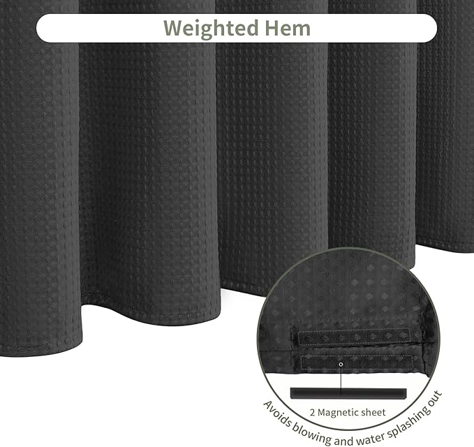 Inhousolu Fabric Shower Curtain Waffle Weave, 230 GSM Heavy Duty, Weighted Hem, 14 Metal Hooks, Water Repellent, Machine Washable, Hotel Spa Luxury Bath Curtain Set, 72 x 72 Inch, Black