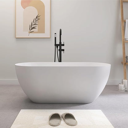SJ STAR&JANE 51" Solid Surface Freestanding Bathtub, Matte White Oval Soaking Stone Resin Tub with Overflow and Pop-up Drain for Modern Bathrooms