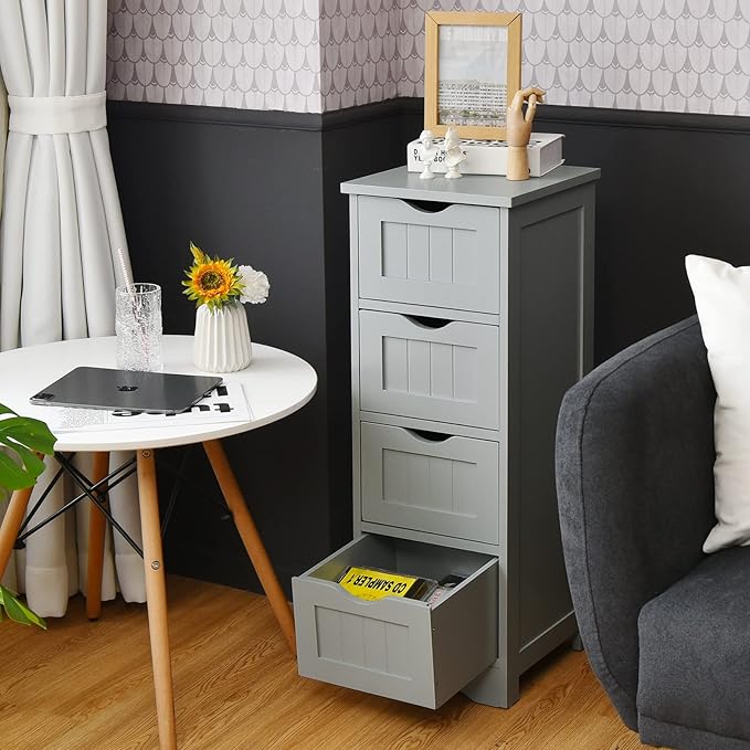Tangkula Bathroom Floor Cabinet with 4 Drawers, Wooden Storage Cabinet w/Anti-Tipping Device, Freestanding Side Cabinet for Bathroom Home Office, 12 x 12 x 32.5 Inch (Grey, 4 Drawers)