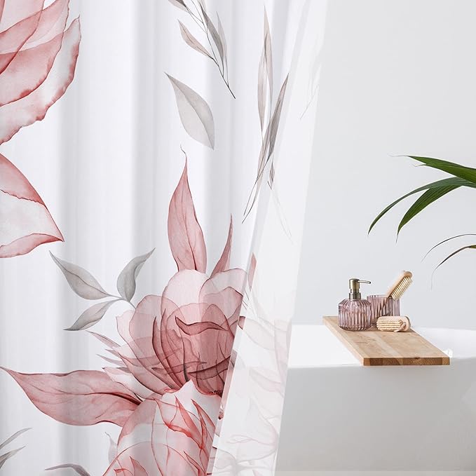 Extra Long Boho Watercolor Floral Shower Curtain 72 x 84, Red and Grey Ink Painting Style Flower Shower Curtains for Chic Elegant Bathroom, Artistic XL Fabric Cloth Shower Curtain