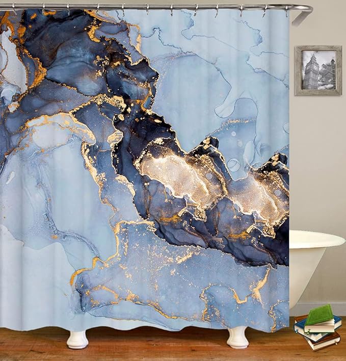 Domoku Blue Marble Shower Curtain 72x72 – Blue and Gold Waterproof Fabric Shower Curtain with Hooks, Abstract Art Bathroom Decor, Machine Washable Curtain for Apartment, Guest Bath