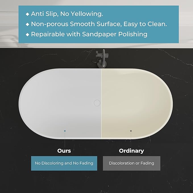 69" Premium Solid Surface Freestanding Bathtub, Oval Stone Resin Tub with Overflow and Pop-up Drain, Matte White