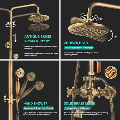 NeierThodore Antique Brass 8-Inch Bathroom Shower Faucet System Rainfall Shower Head Wall-Mounted Dual Cross Handle Bathtub Shower Mixer Tap with Hand Sprayer