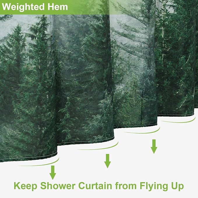 ORTIGIA 60x72 Misty Forest Stall Shower Curtain for Small Bathroom, Green Narrow Nature Woodland Shower Curtain Set with Hooks, Waterproof Fabric Pine Tree Fog Magic Home Bath Curtain