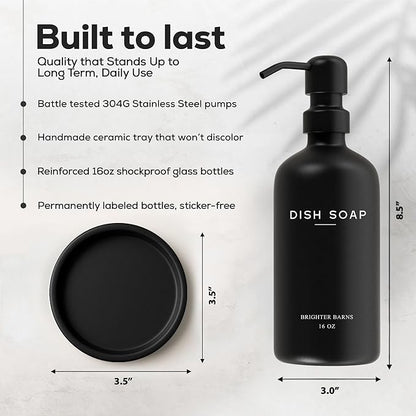Black Glass Dish Soap Dispenser for Kitchen Sink by Brighter Barns - Modern Kitchen Soap Dispenser Set with Tray and Stainless Steel Pump - Modern Decor for Vacation Rental, Restaurants, Gifts (Black)
