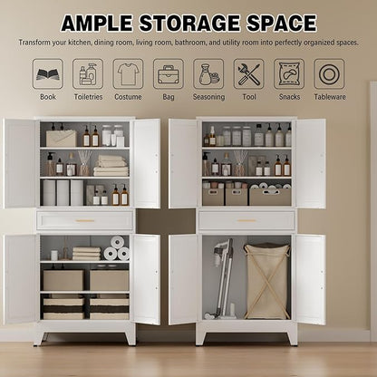COFaR 71" Tall Kitchen Pantry, Farmhouse Storage Cabinet with Doors and Shelves, Metal Cabinet with Drawers and Legs, for Cupboard/Dining Room/Bathroom/Living Room/Office/Laundry Room (White).