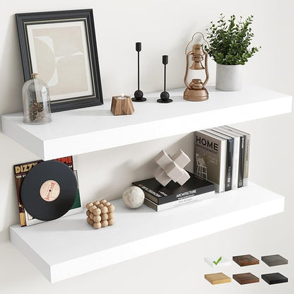 40 Inch Long Floating Shelves for Wall Set of 2, 12"D Wood Grain Bathroom Shelves with Invisible Brackets, Easy Install Engineered Wood Storage Shelves for Kitchen, Living Room, Bedroom, White Finish