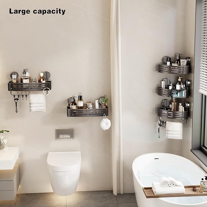 VOLPONE Shower Caddy Suction Cup No Drilling Suction Cup Shower Shelf Heavy Duty Bathroom Shower Organizer Storage Rack Adhesive with Towel Bar Hooks (1-Pack, Matte Gray)
