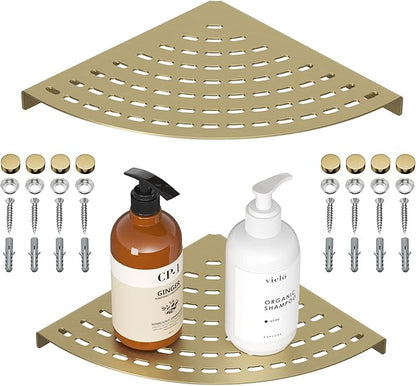 2 Pack Corner Shower Shelves 304 Stainless Steel Shower Corner Shelf Brushed Gold Bathroom 8 in Prevent Rust Drilling Installation