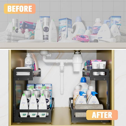 Under Sink Organizer, Metal Large Capacity 2-Tier Sliding Cabinet Storage Rack, Heavy-Duty Rust-Resistant Steel Frame, Holds 50 lbs, Adjustable Height 12–16", 14"D x 11"W for Kitchen & Bathroom, Black