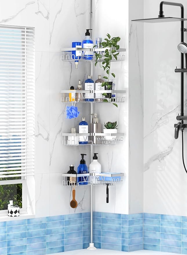 4-Tier Shower Caddy/Shower Organizer - Corner Standing Tension Pole Adjustable 25-114.2 inches Built in 2 Soap Holder Rustproof Silver Finish