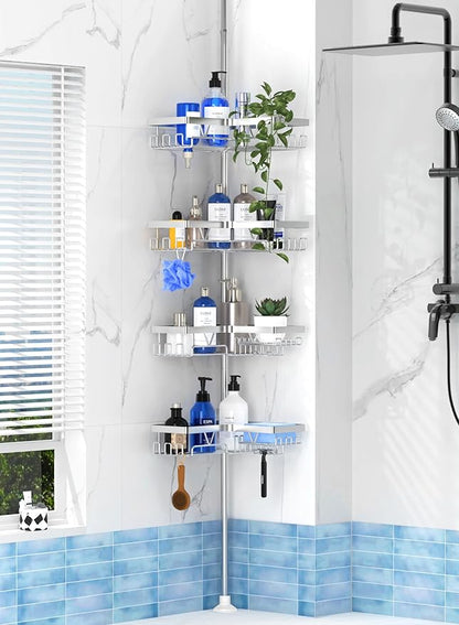 4-Tier Shower Caddy/Shower Organizer - Corner Standing Tension Pole Adjustable 25-114.2 inches Built in 2 Soap Holder Rustproof Silver Finish