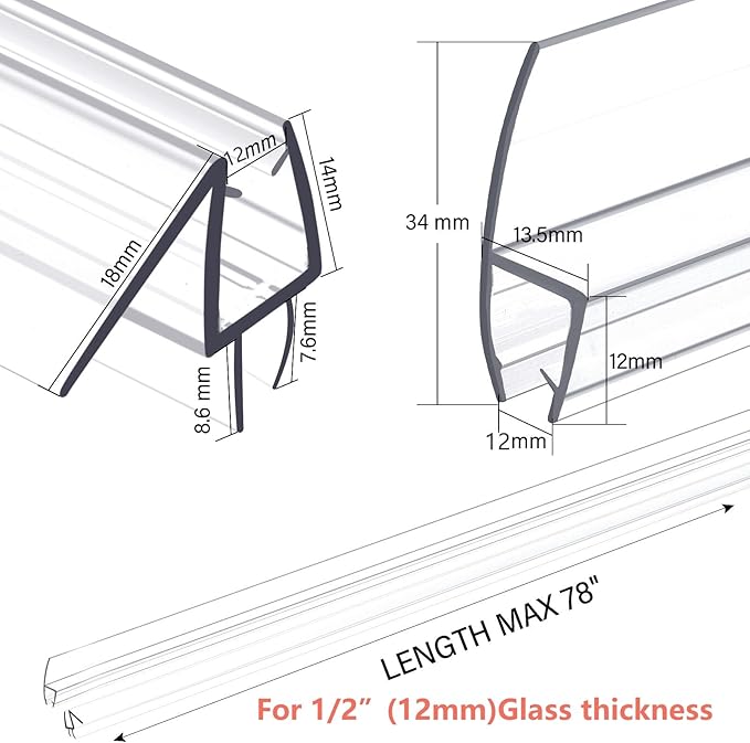 Shower Door Bottom&Side Seal Set 3PCS, 78" (1981mm) Length H-Type PVC Strip for 1/2" (12mm) Thick Frameless Glass Door, to Stop Water Leaks