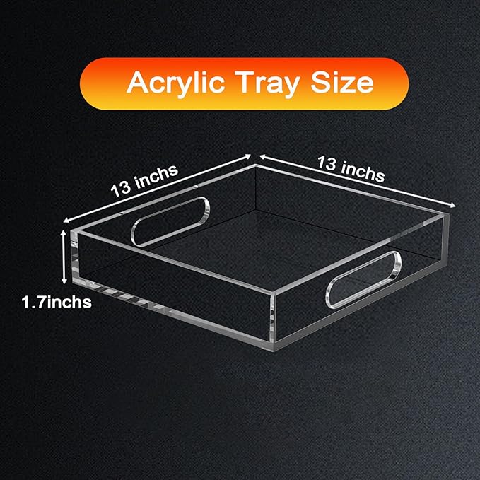 Acrylic Serving Tray with Handles - Lucite Organizer for Bench, Coffee Table, Countertop, Kitchen, Bathroom, Living Room, Powder Room
