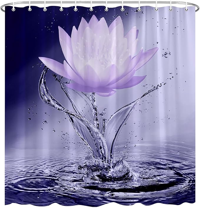 Lotus Shower Curtain Black White Violet Flower Elegant Blooming Floral with Dew Spring Flower Reflection on Water Modern Romantic Polyester Fabric Bathroom Decor 108×70 Inch with Hook
