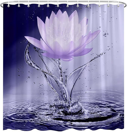 Lotus Shower Curtain Black White Violet Flower Elegant Blooming Floral with Dew Spring Flower Reflection on Water Modern Romantic Polyester Fabric Bathroom Decor 70×90 Inch with Hook
