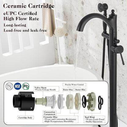 Freestanding Bathtub Faucet, Matte Black Classic Free Standing Tub Faucet with Vintage Handheld Sprayer High Flow Max 7.04GPM Floor Mounted Tub Filler (WT-9002BK)