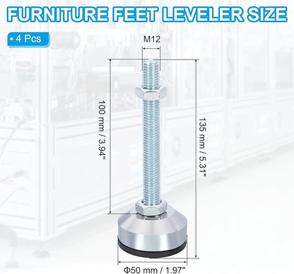 PATIKIL Furniture Leveling Feet 2" Dia Base M12 Thread, 4 Pcs Carbon Steel Adjustable Threaded Furniture Leveler Screw on Leg Leveler with Pads for Desk Chair Cabinet, Black